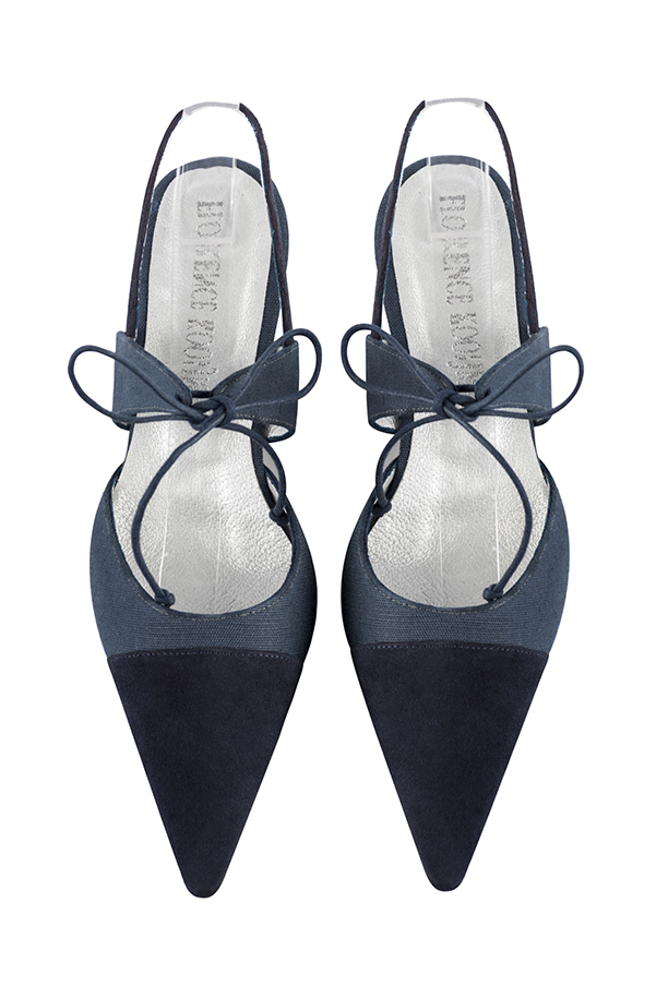 Navy blue women's open back shoes, with an instep strap. Pointed toe. Low comma heels. Top view - Florence KOOIJMAN